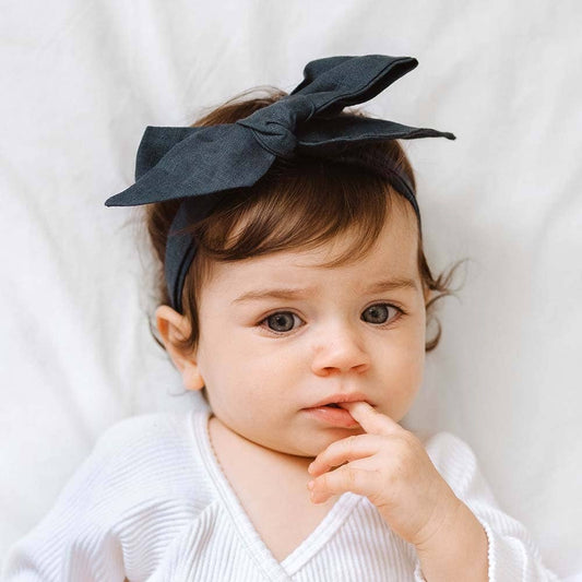 Navy Blue Pre-Tied Linen Bow - Baby & Toddler