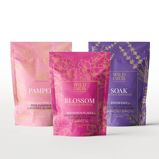 WILD EMERY
INDULGENT NATURAL BATH SALTS THREE PACK PAMPER BLOSSOM & SOAK