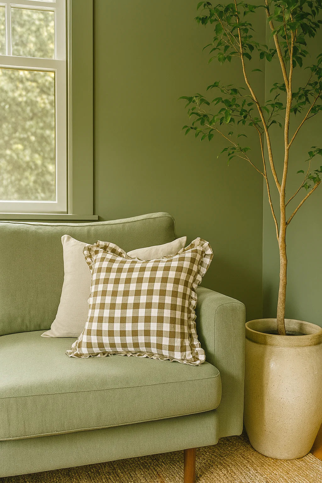 Olive Gingham Ruffle Cushion Cover