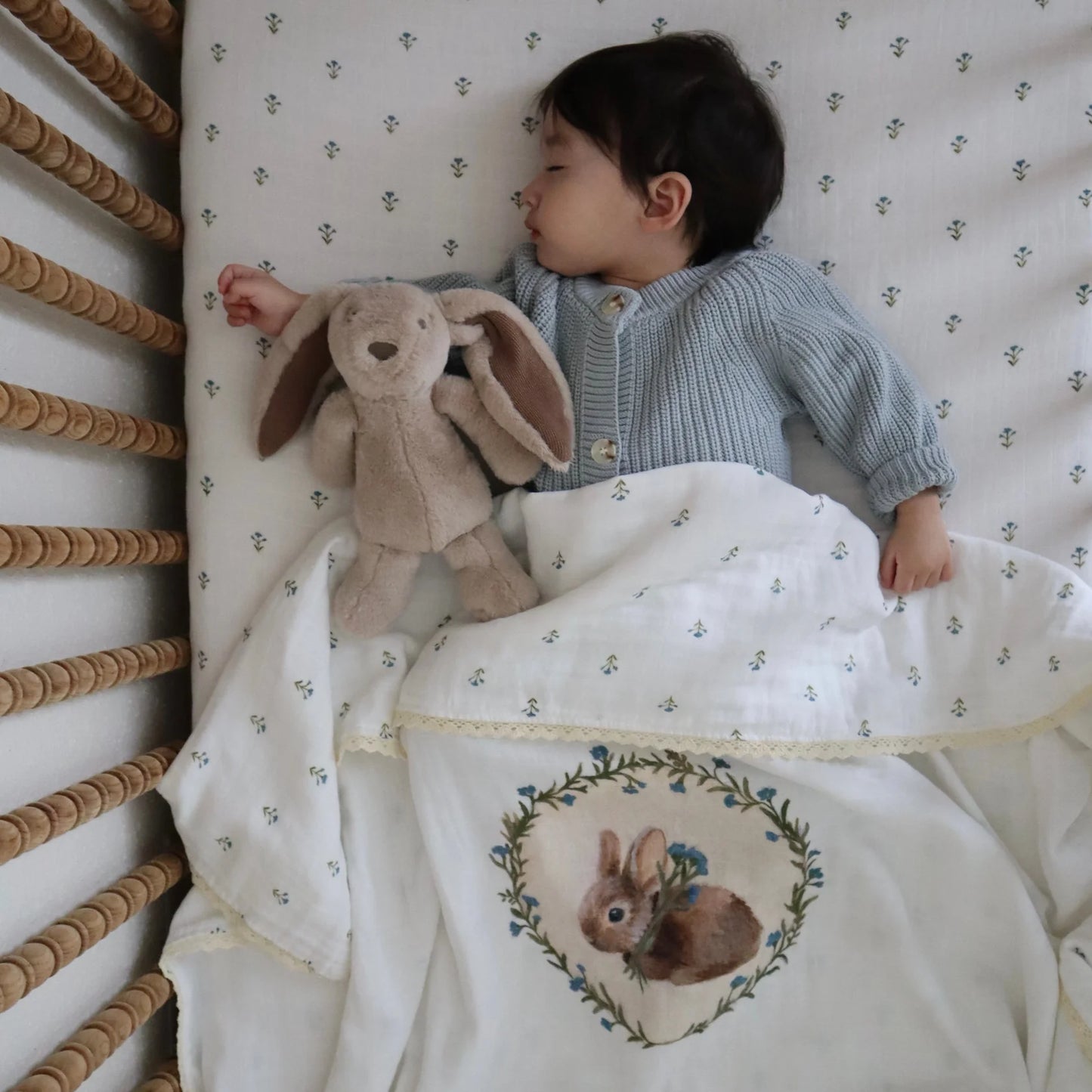 Bunny & blue floral heirloom blanket