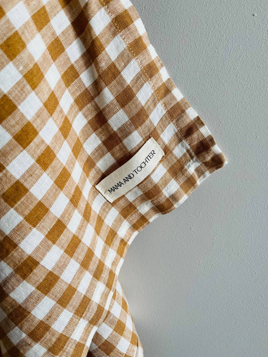 Pure French Linen Tea Towel - Toffee Gingham Small