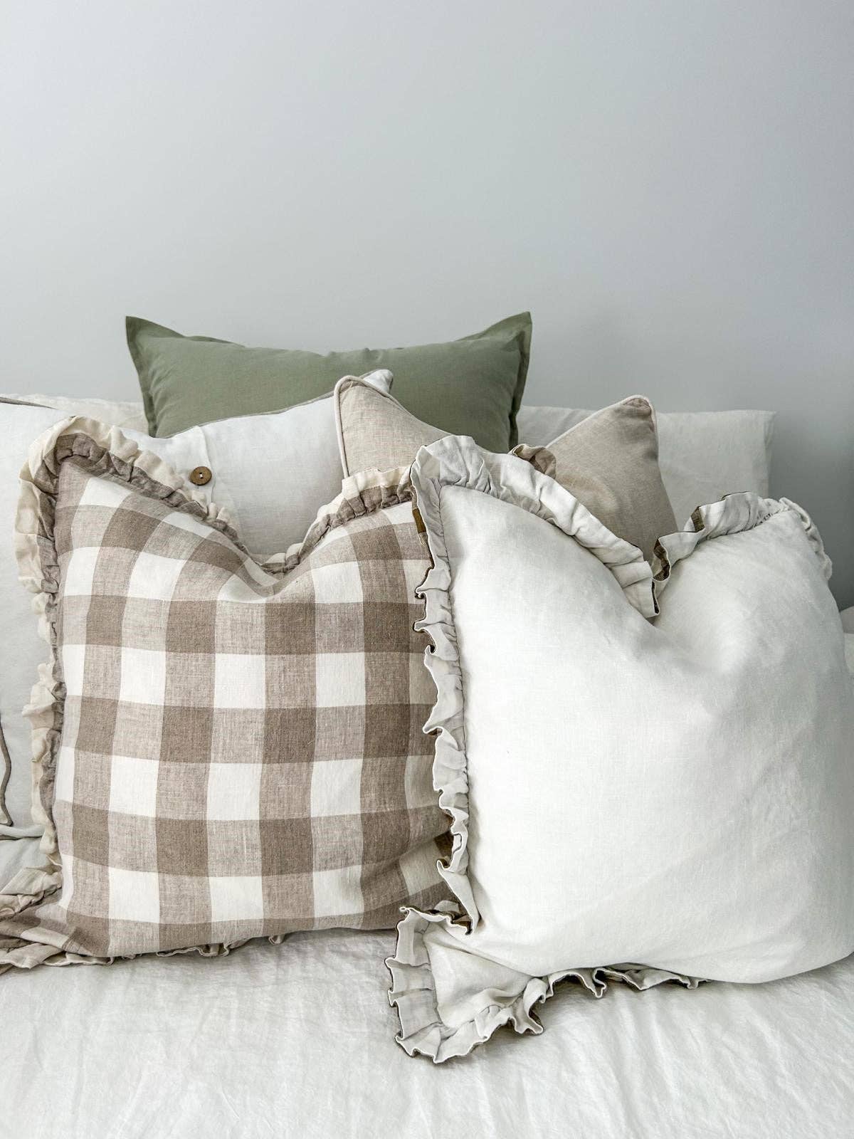 Reversible Linen Ruffle Cushion  - Olive Gingham - Warm White
