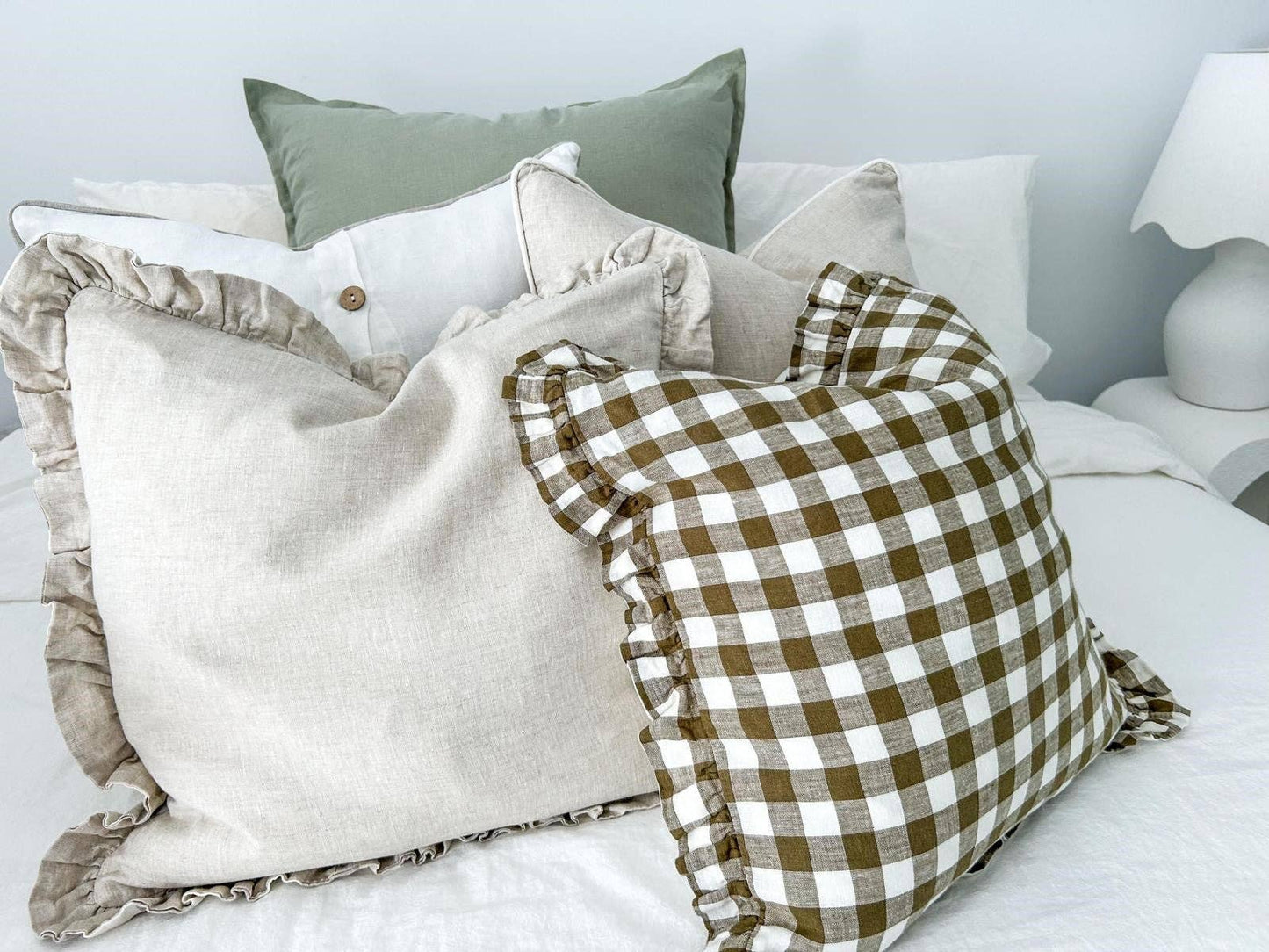 Reversible Linen Ruffle Cushion  - Olive Gingham - Warm White
