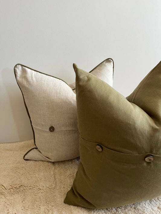 Pure French Linen Cushion Cover with Piped Edge - Natural with Olive Piping