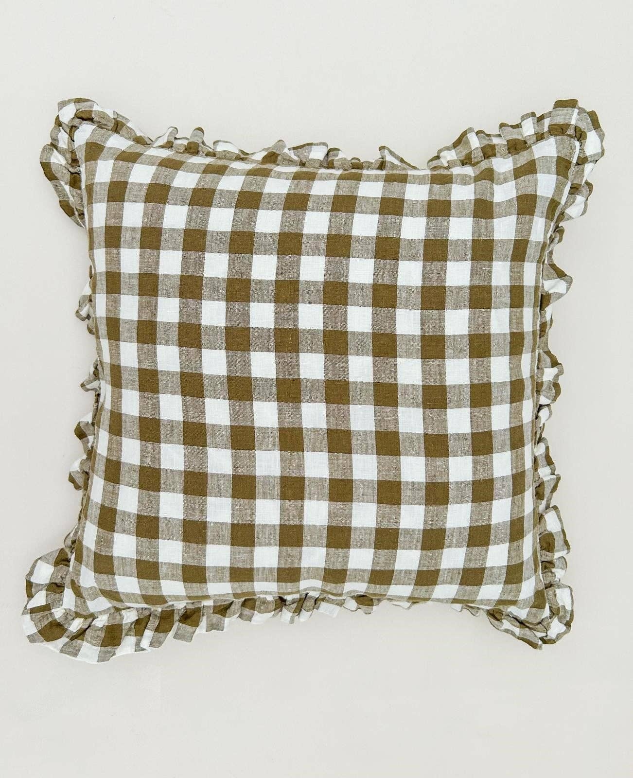 Reversible Linen Ruffle Cushion  - Olive Gingham - Warm White
