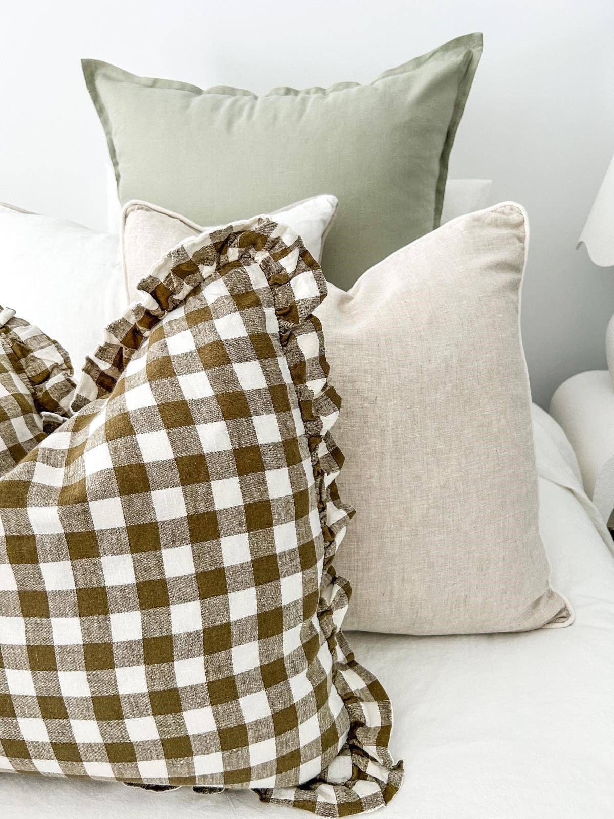 Reversible Linen Ruffle Cushion  - Olive Gingham - Warm White